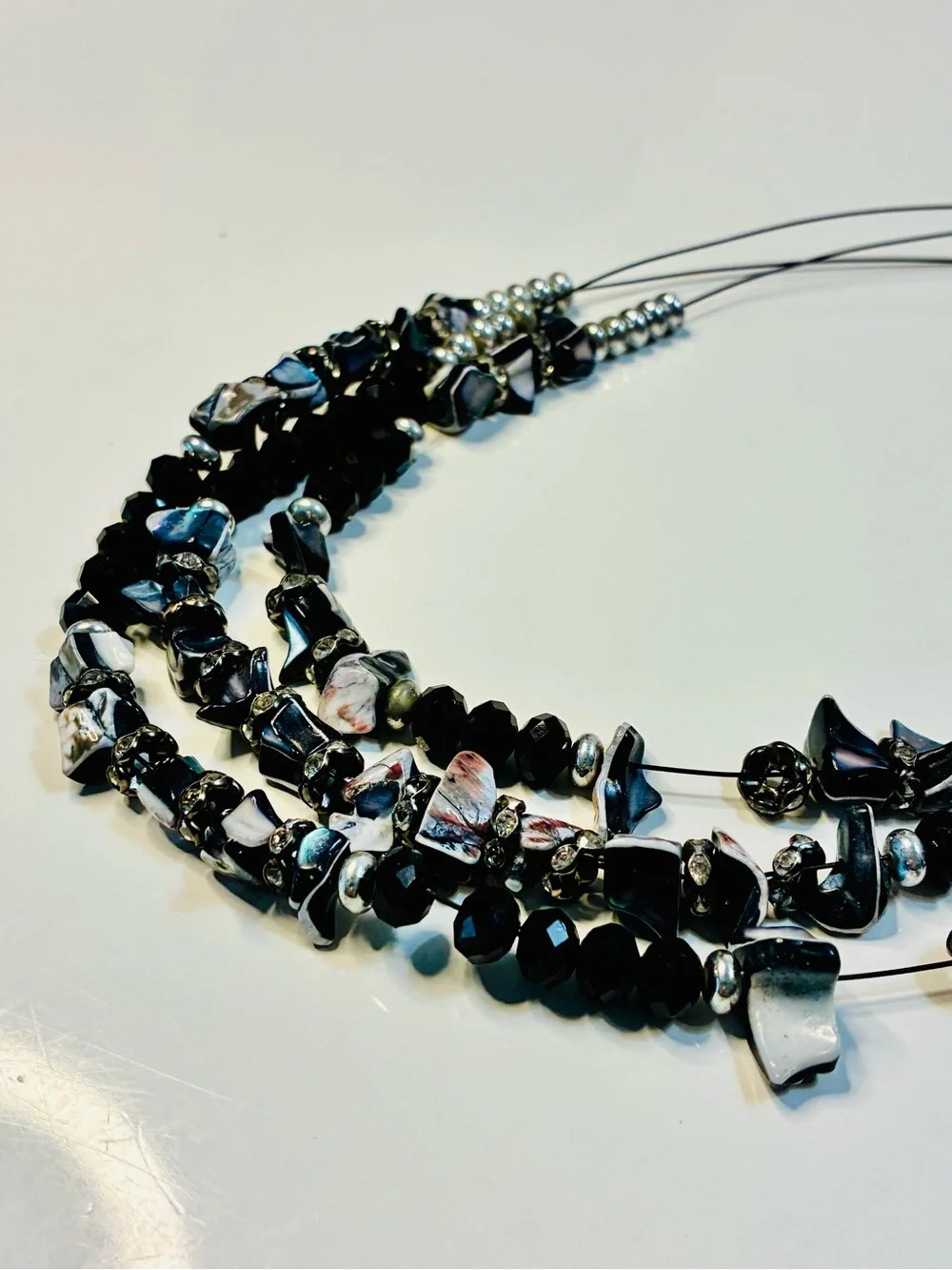 Multi-Strand Mother Of Pearl Chunky BLK & Iridescent Beaded Statement Necklace